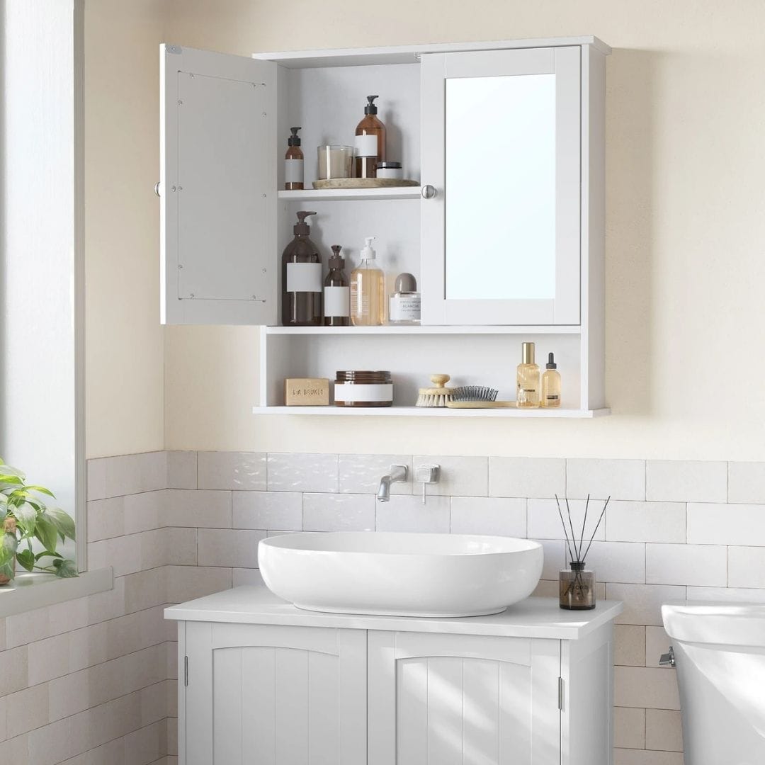 Armoire de Salle de Bain avec Miroir | Blanc, Gris